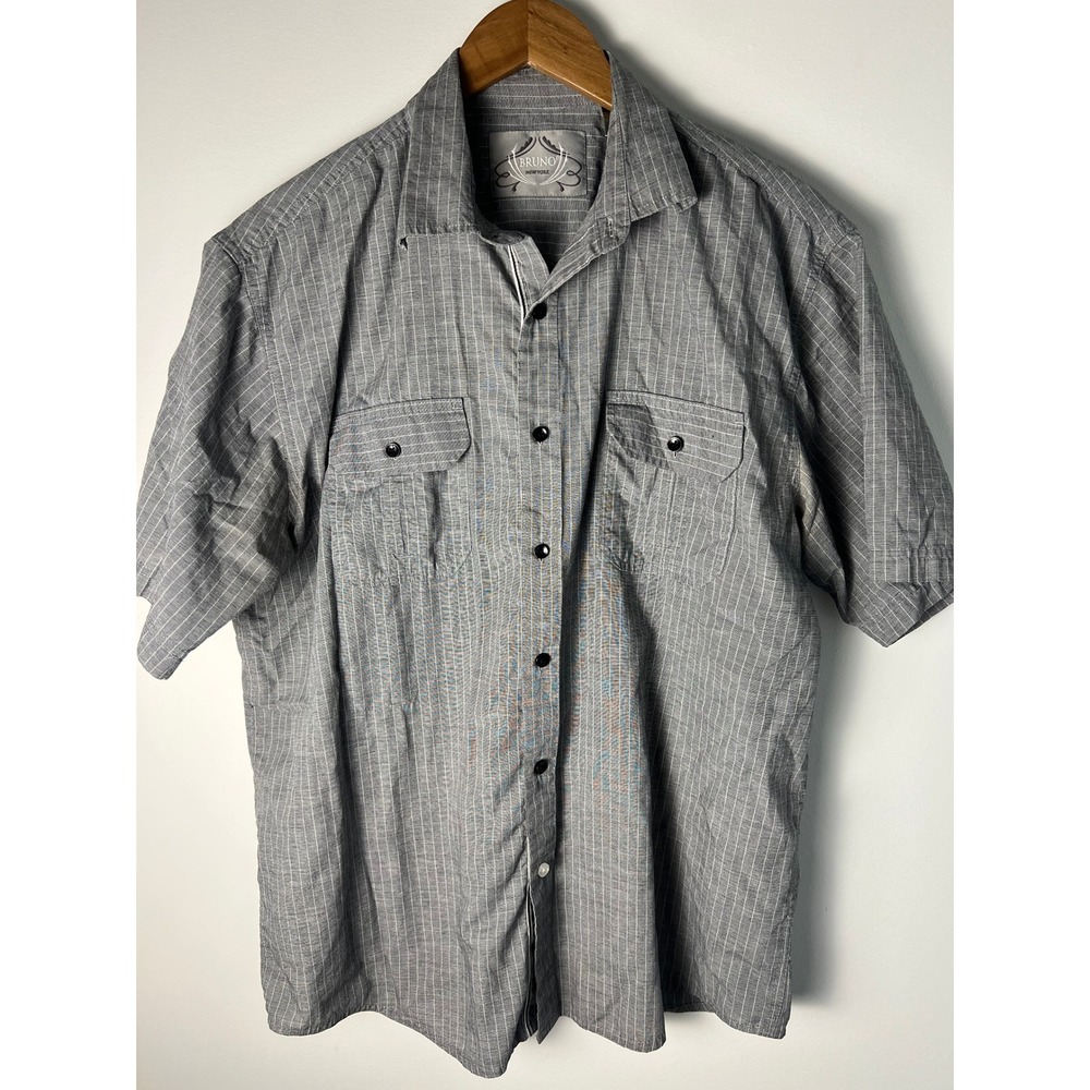 Bruno New York Button Up Shirt Men LG Grey Striped Short Sleeve Pockets
